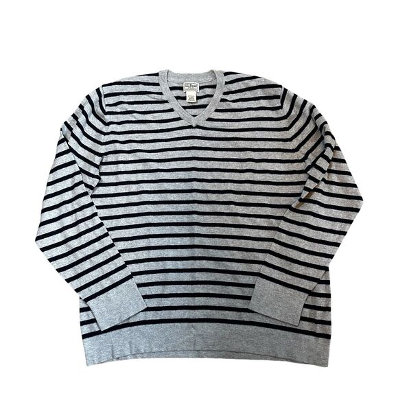 LL Bean Sweater Mens XL Grey Blue Striped Sweatshirt Jumper‎ Grandpa Classic - Picture 1 of 6